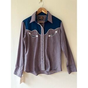 Sz M VTG 70s Kenny Rogers Western Shirt Blue Burgundy Plaid Chest Pockets Snaps
